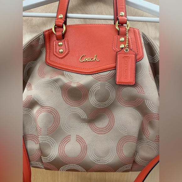 Coach Ashley Peach Khaki Dotted Op Art Signature Satchel. - Picture 11 of 16